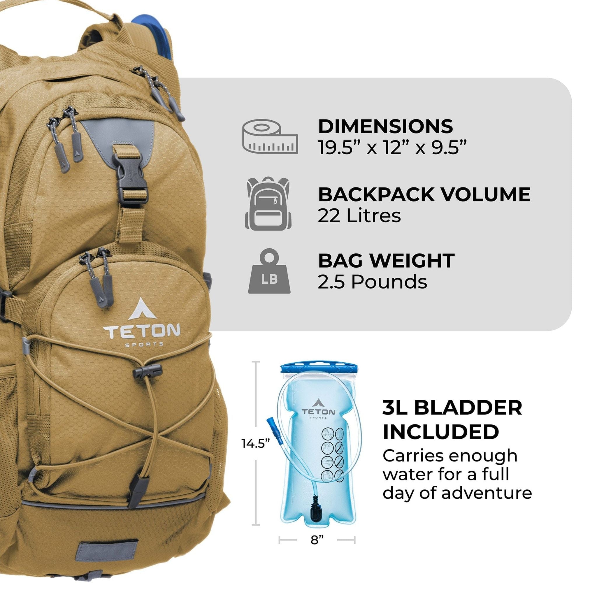 Teton Sports Oasis 22l Hydration Backpack with 3l Bladder in Buck Brown