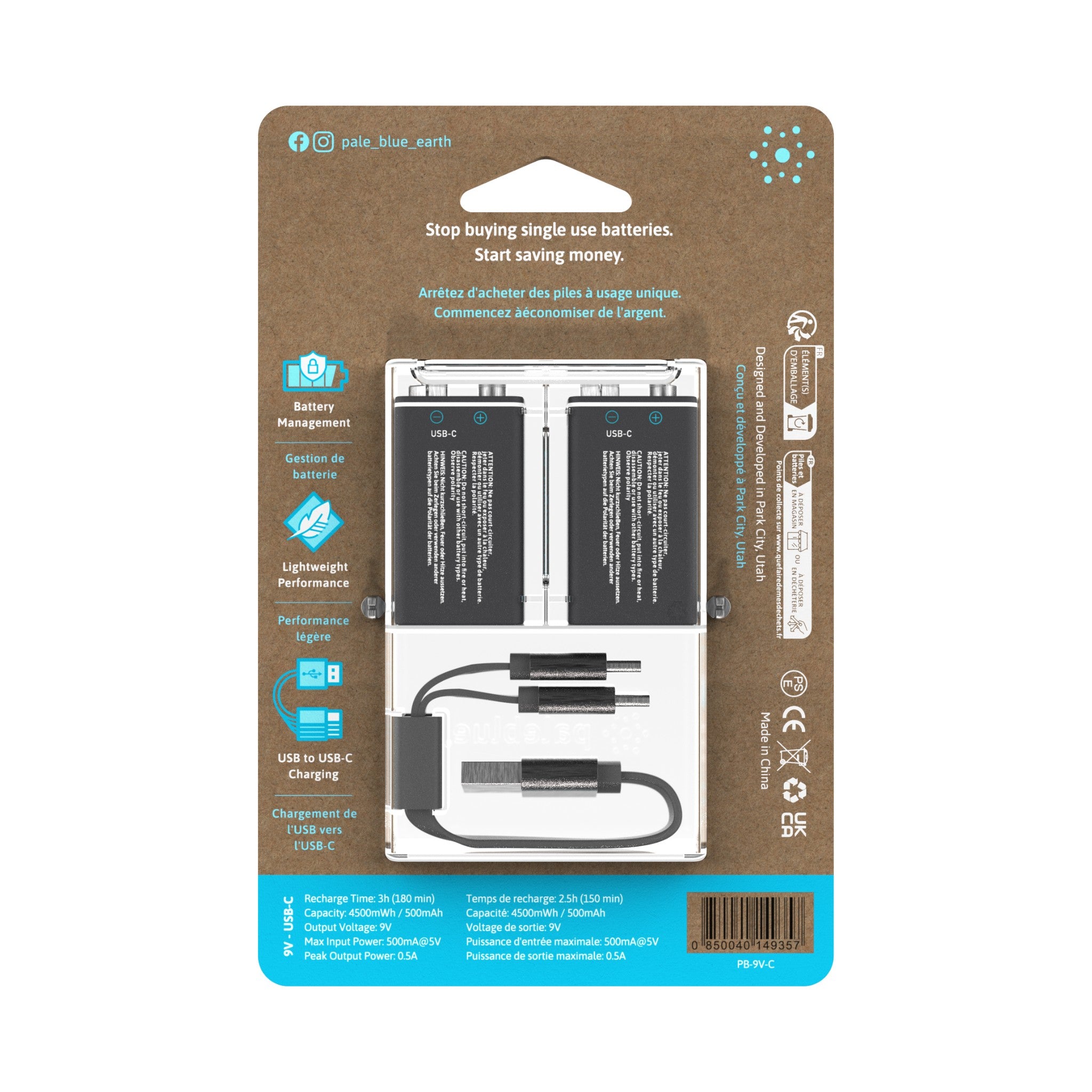 Paleblue 9V USB Rechargeable Smart Batteries