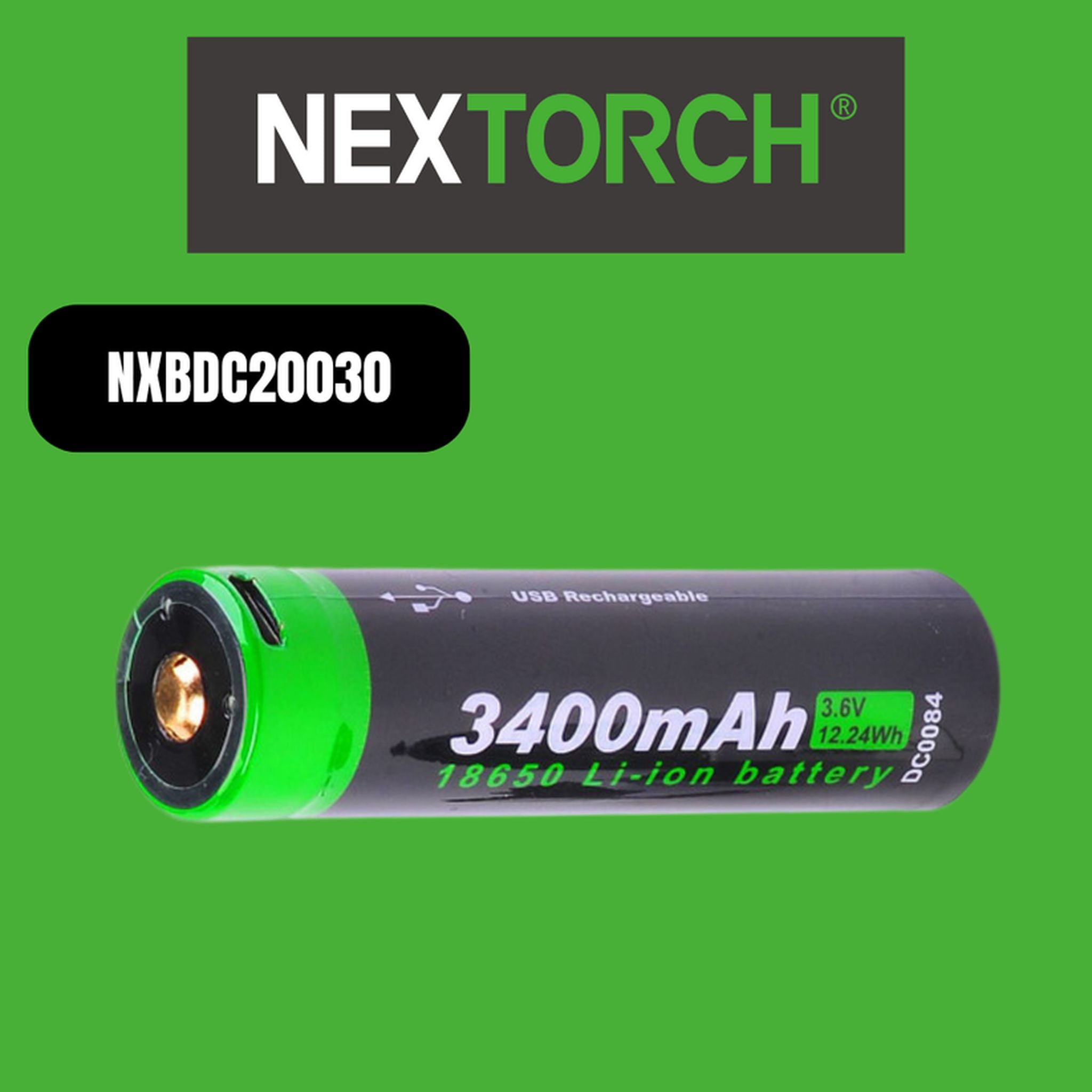 Nextorch 18650 Rechargeable Lithium Battery 3400 MaH, USBC Charge