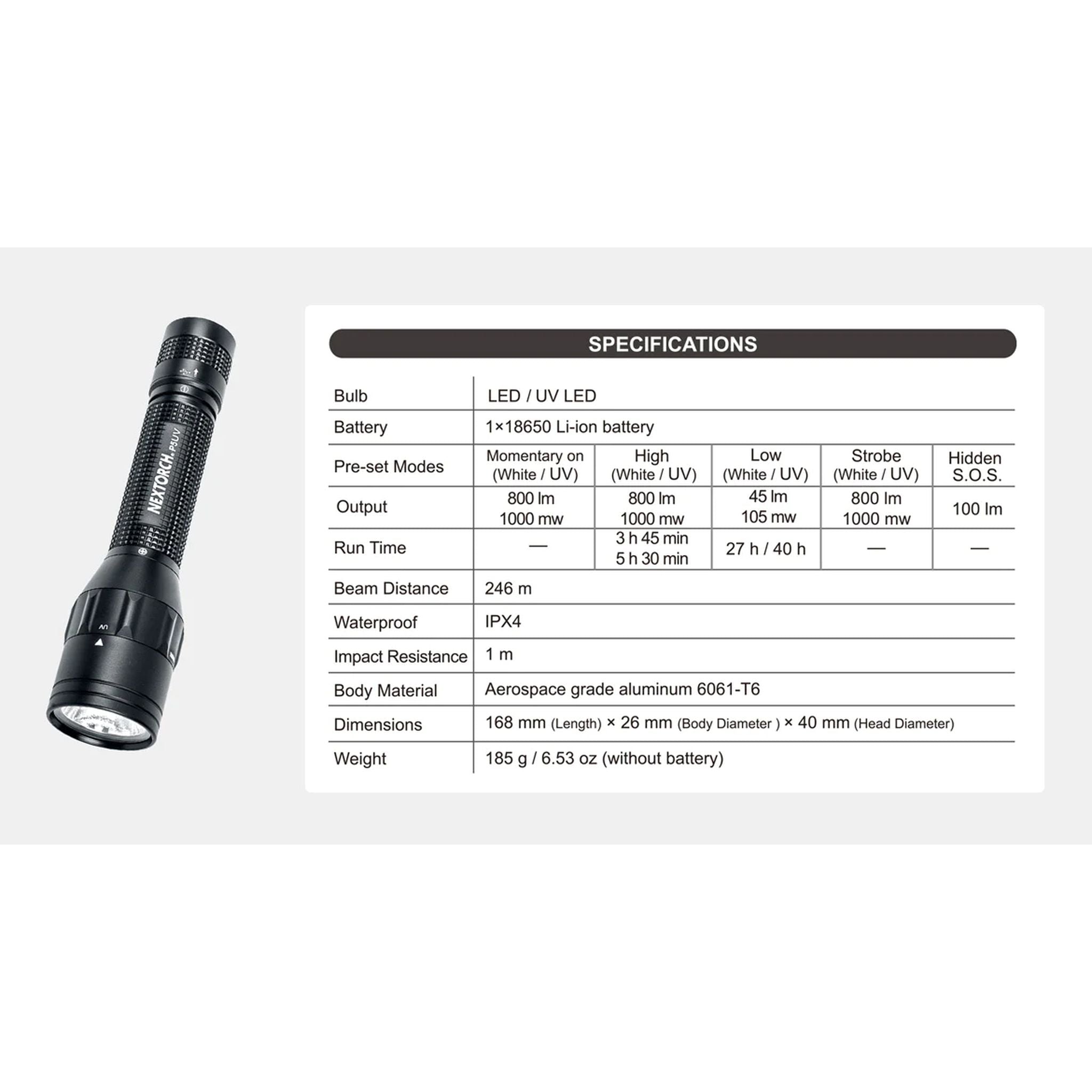 Nextorch P5UV Rechargeable Torch Dual White & UV Light